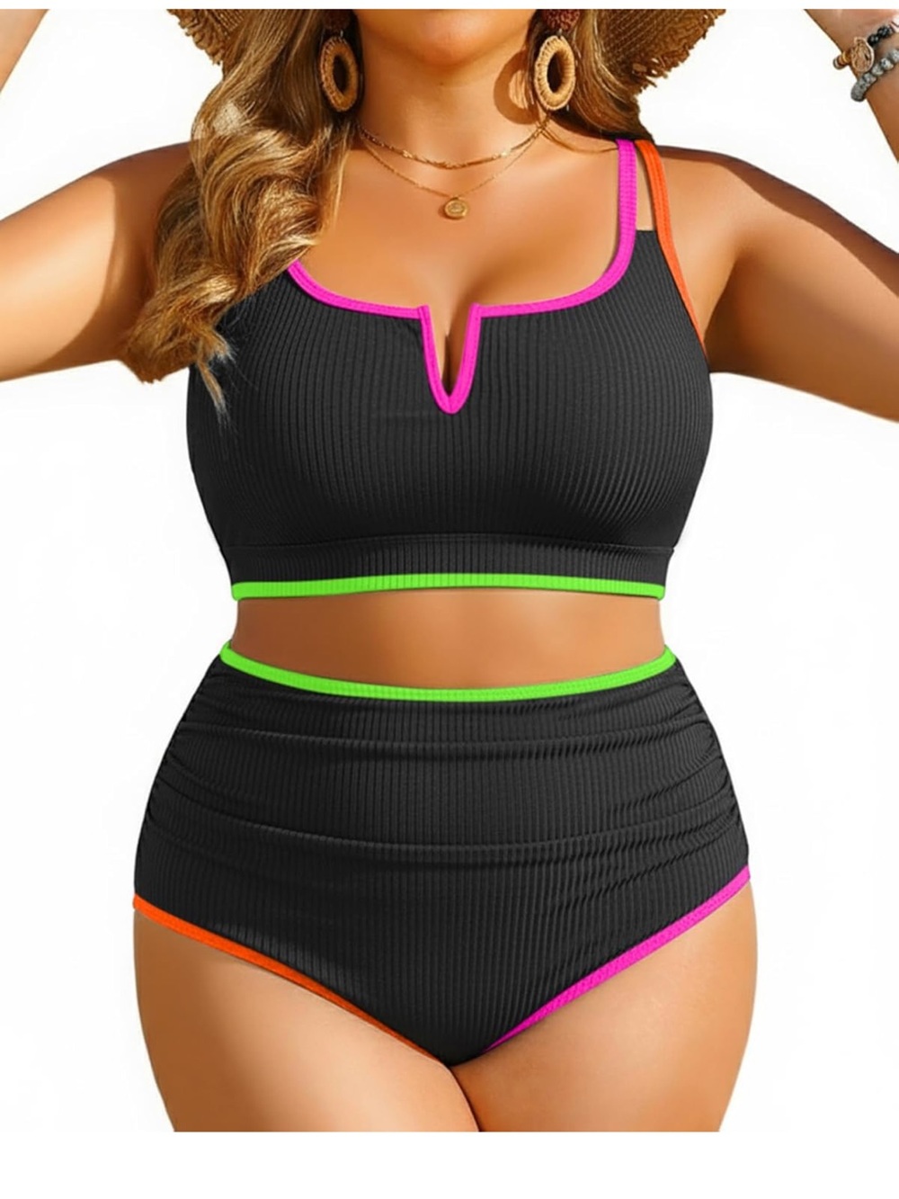 Yonique Plus Size High Waisted Bikini Ribbed Two Piece Tummy Control V-Wired new